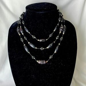 Three Layered Black Rope Necklace with Black and Silver-Tone Bead Necklace